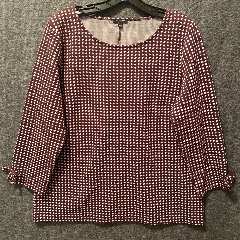 Talbots Sweater Womens Large Burgundy Bow Accent Cotton Blend Stretch Knit Top‎